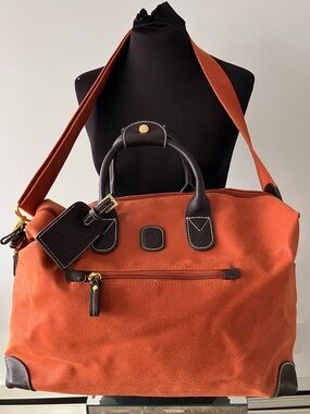 VTG y2k Brics Milano NWOT Orange 17” Leather Weekender Duffle Travel Bag Clean!